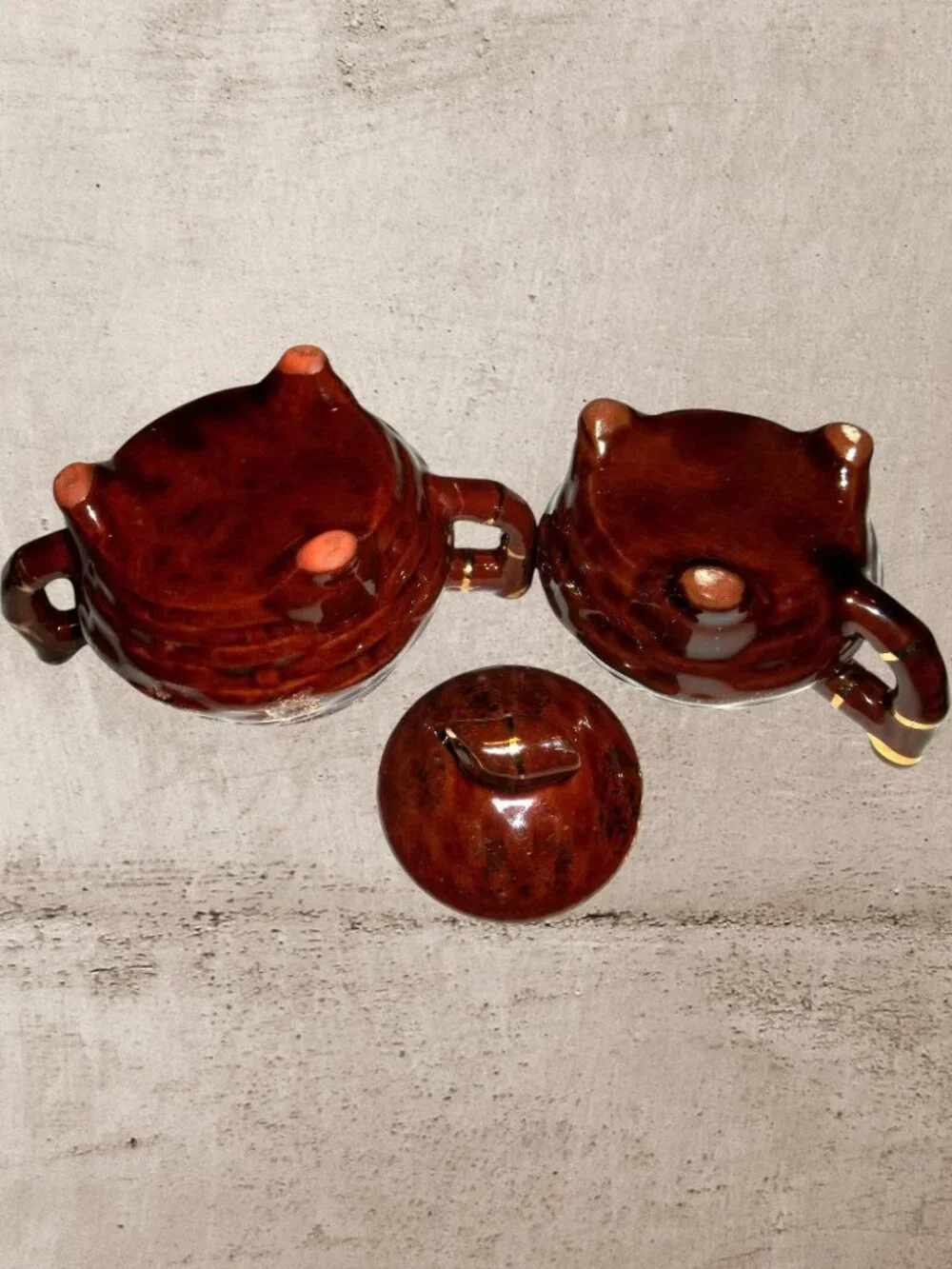 VTG 1950s Japanese Redware Brown Drip Glaze Pot Belly Cream & Sugar Set T5